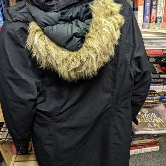 Black Marmot Montreax Parka Coat with Faux Fur Edged Hood, Lg - Picture 3 of 5